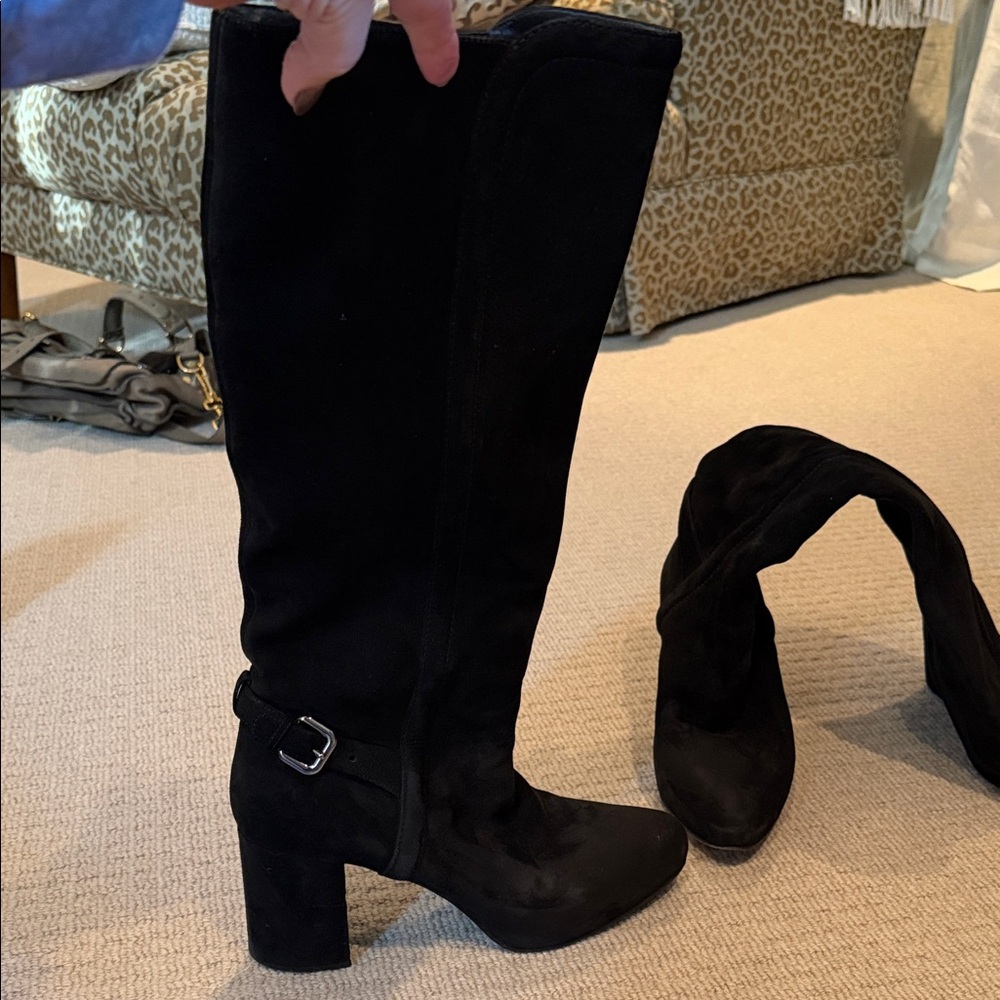 Prada Black Suede Knee-High Heeled Boots - Picture 2 of 4